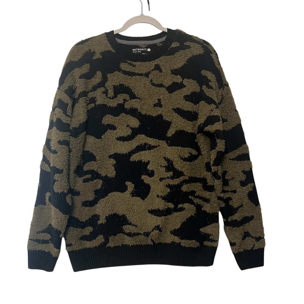 Retrofit Mens Camo‎ Crew Neck Sweater Black Olive Green Fuzzy Size Small SWT